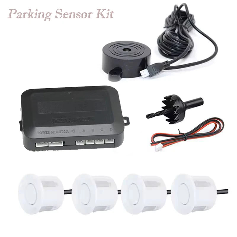 Kit sensor de estacionamento com 4 sensores e alarme sonoro em fundo branco