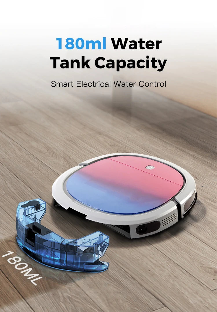 Robô aspirador inteligente com WiFi e tanque de água em fundo branco