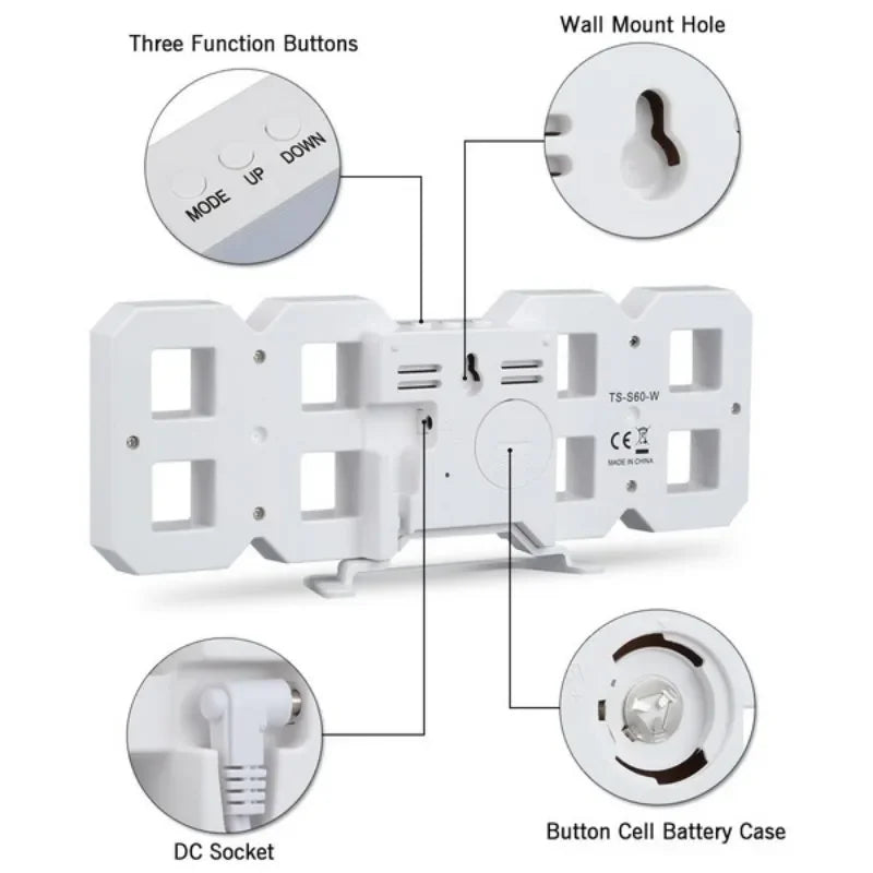 Relógio digital LED 3D de parede com modo noite em fundo branco