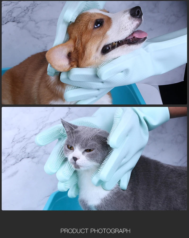 Luva de silicone banho massageadora tira pelos em fundo branco
