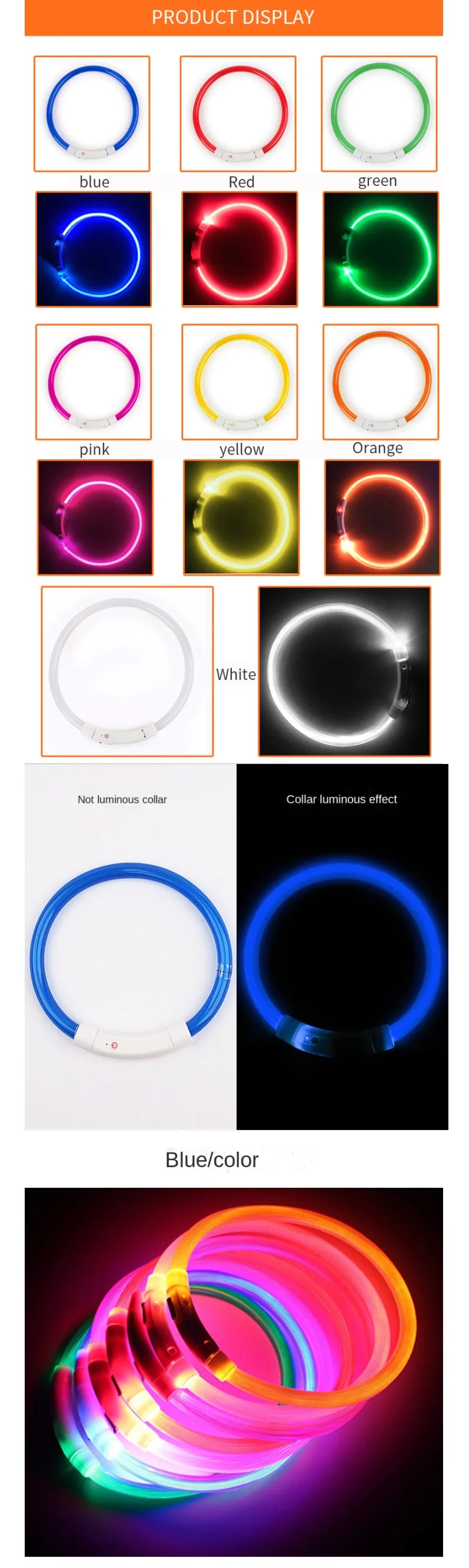 Coleira LED USB recarregável para cães em fundo branco