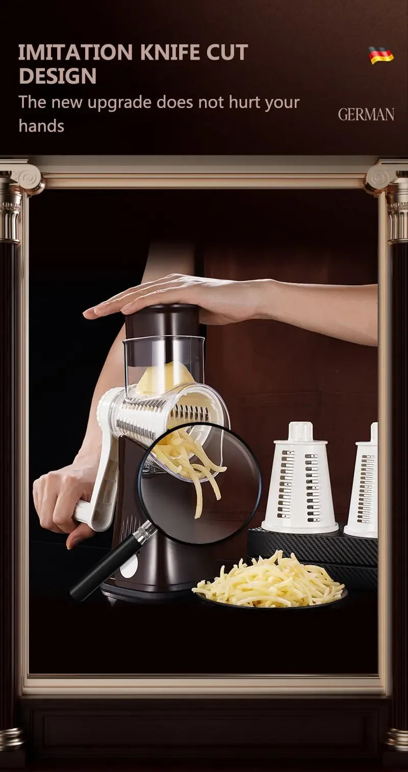 Cortador e fatiador manual de legumes com 5 lâminas rotativas em fundo branco