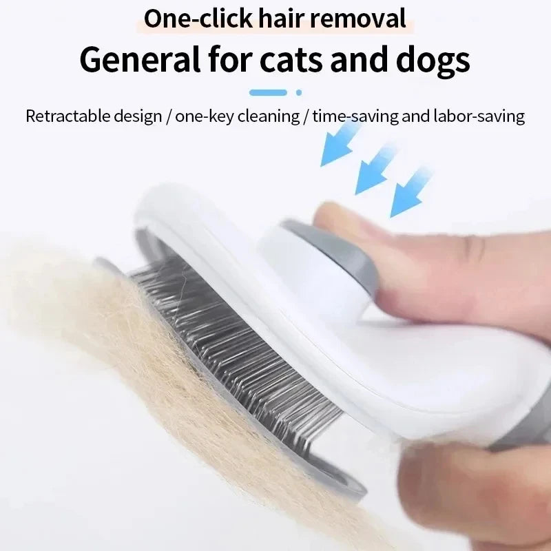 Escova tira pelos autolimpante para cães e gatos em fundo branco