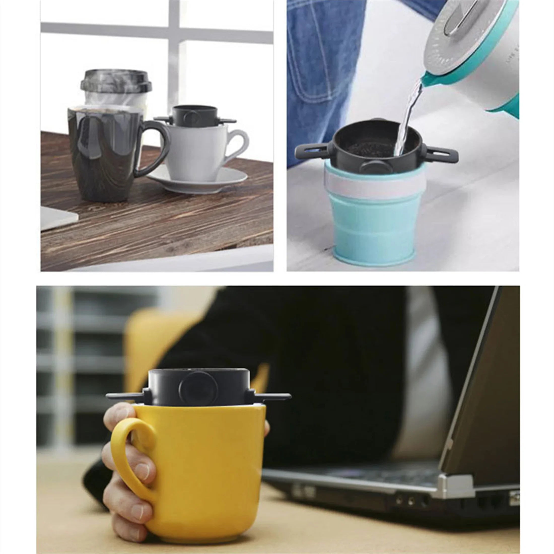 Cafeteira coador portátil inox com caneca térmica em fundo branco
