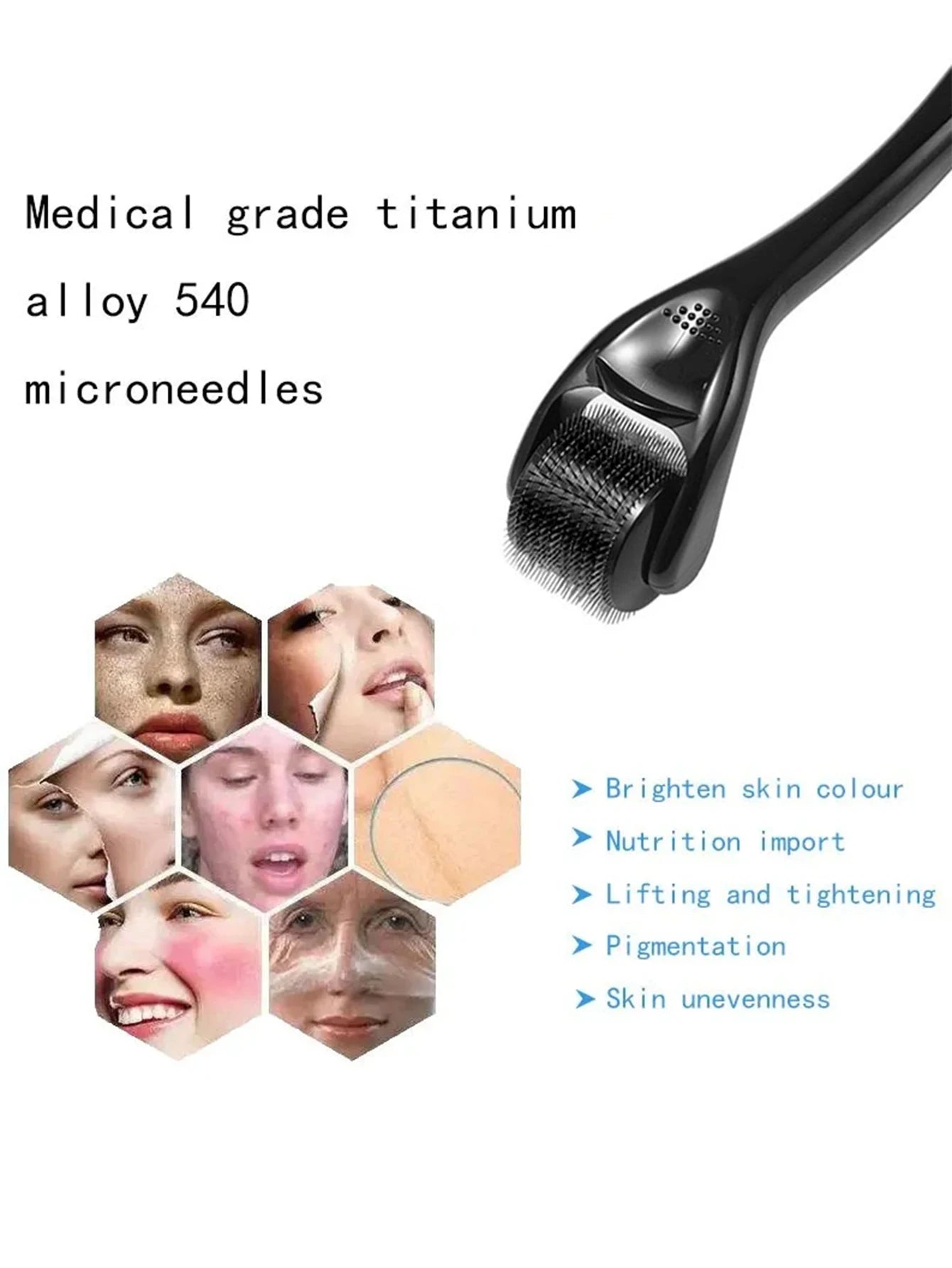 Dermaroller 540 agulhas de titânio para microagulhamento facial em fundo branco