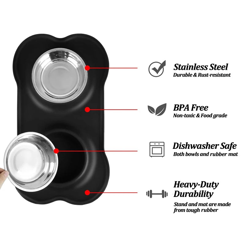 Comedouro silicone duplo com tigelas aço inox removíveis em fundo branco
