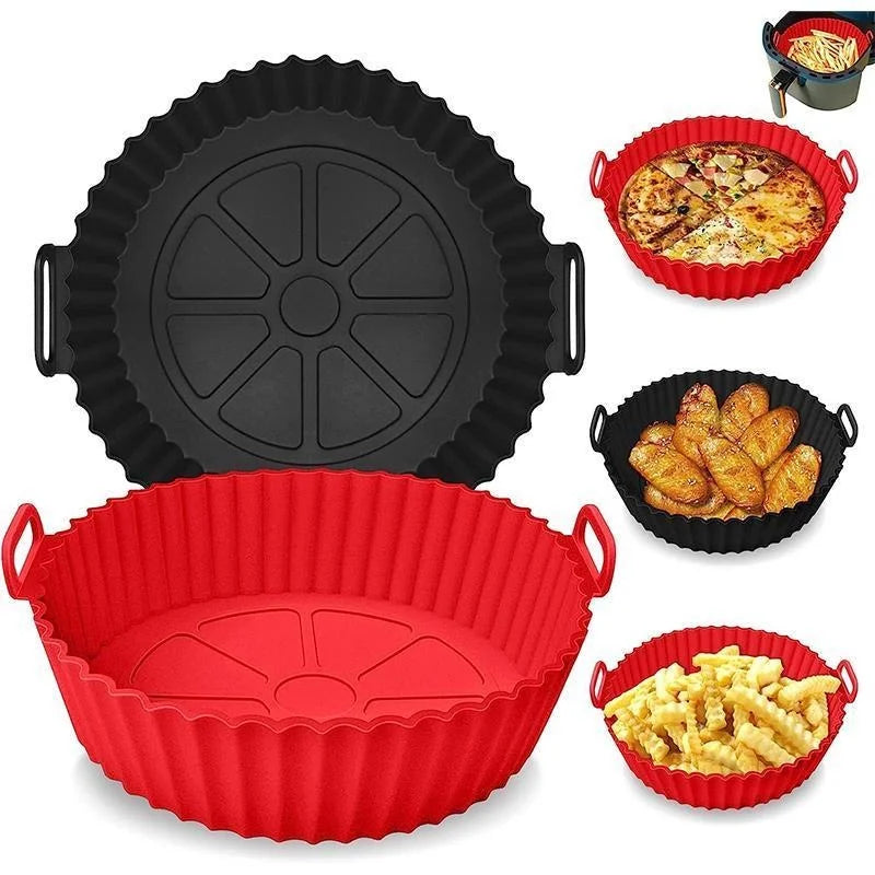 Forma de silicone para air fryer reutilizável antiaderente em fundo branco