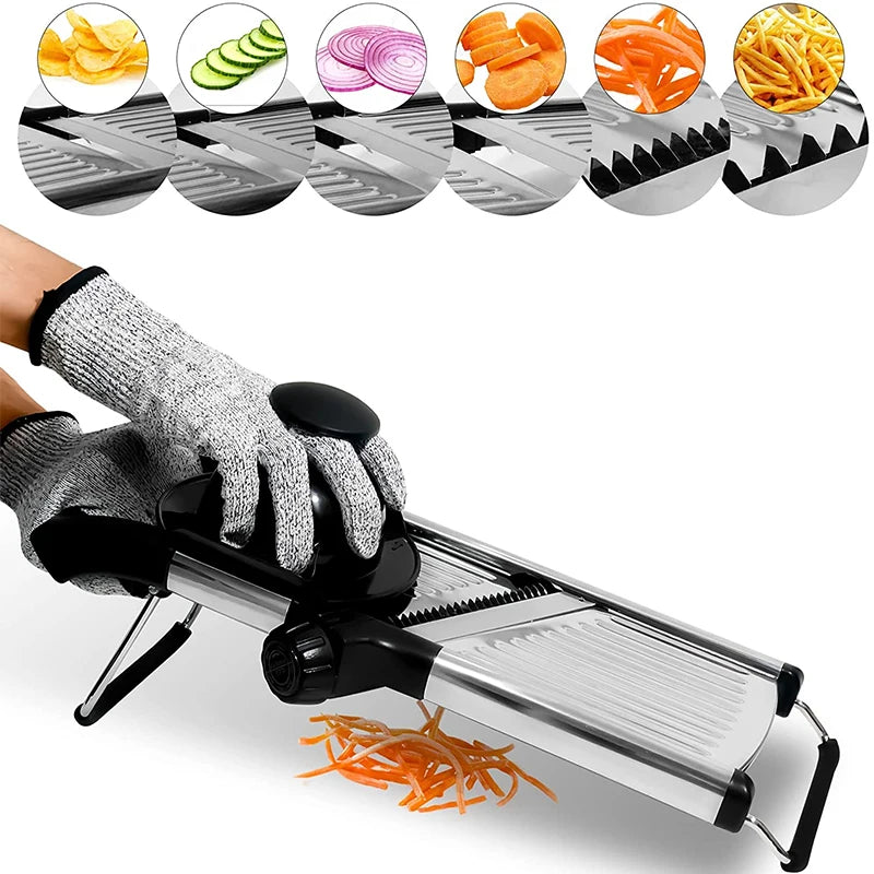 Mandoline fatiador profissional em aço inox ajustável em fundo branco