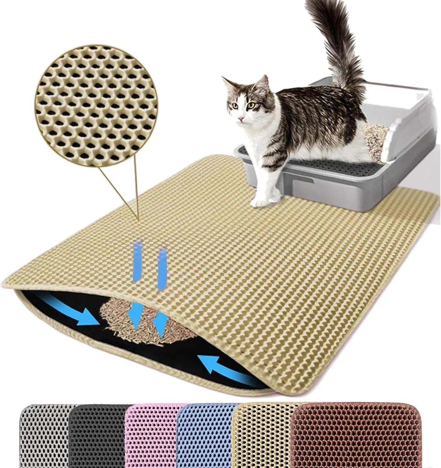 Tapete captador de areia dupla camada impermeável para caixa de gato em fundo branco