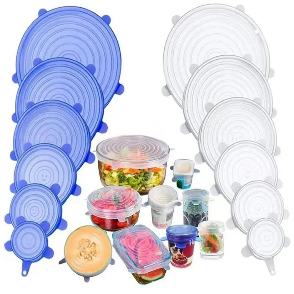 Tampas de silicone reutilizáveis kit 6 peças elásticas para potes em fundo branco