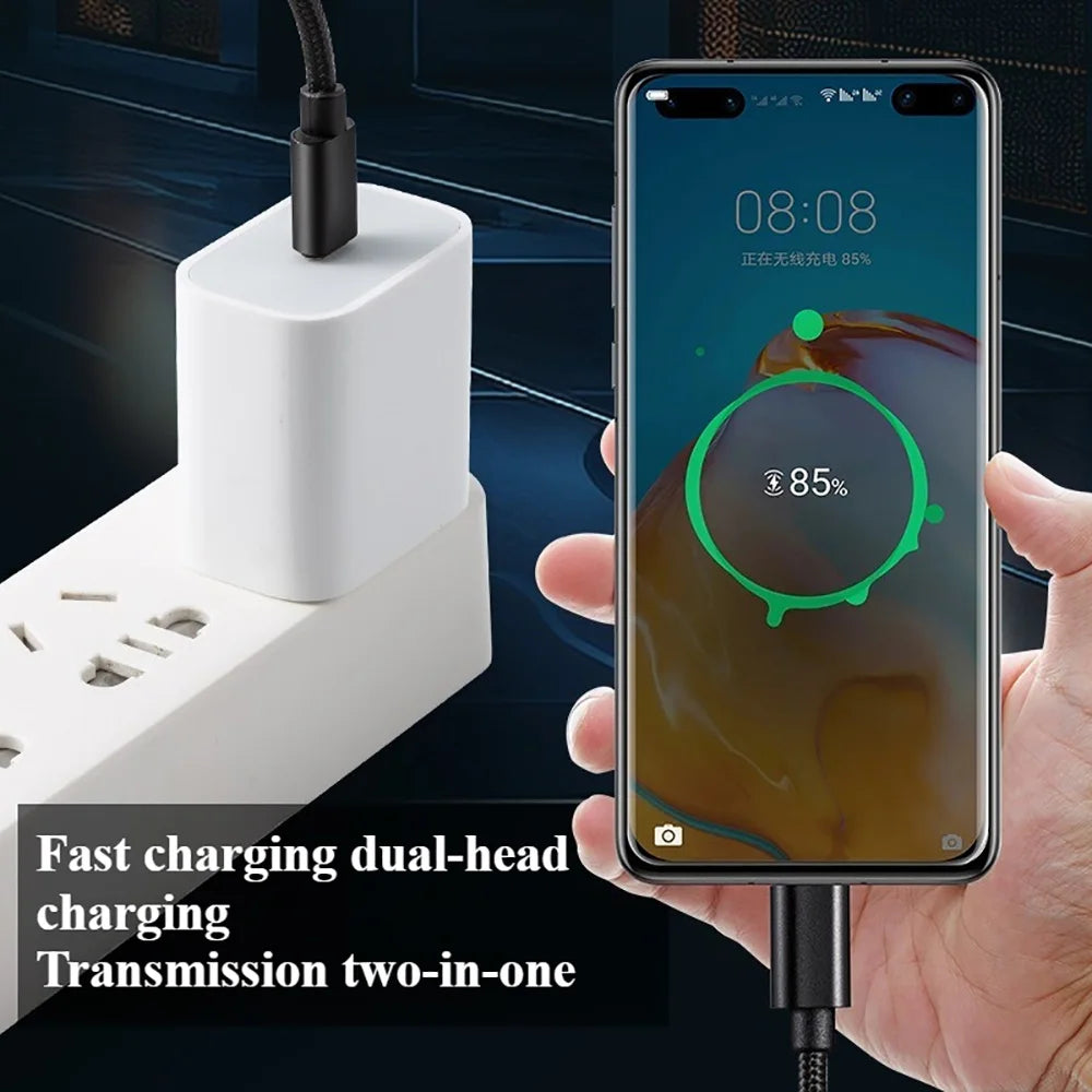 Cabo USB-C reforçado nylon trançado fast charge em fundo branco
