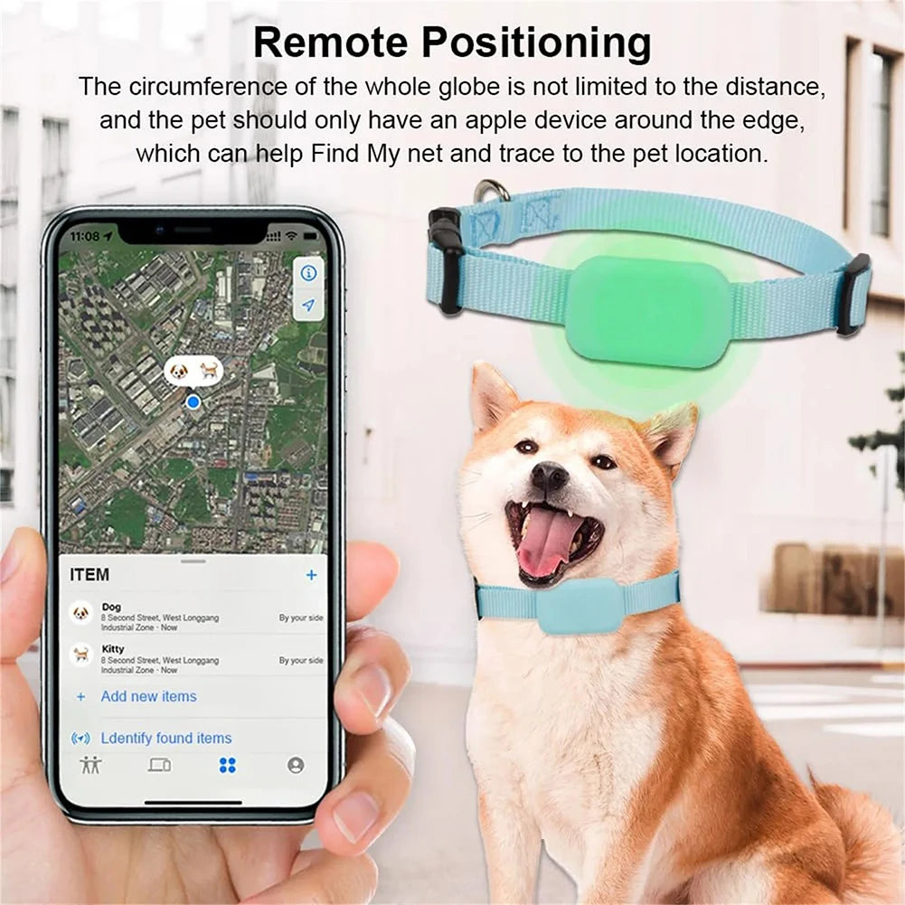 Rastreador GPS para cães e gatos à prova d'água com coleira ajustável em fundo branco
