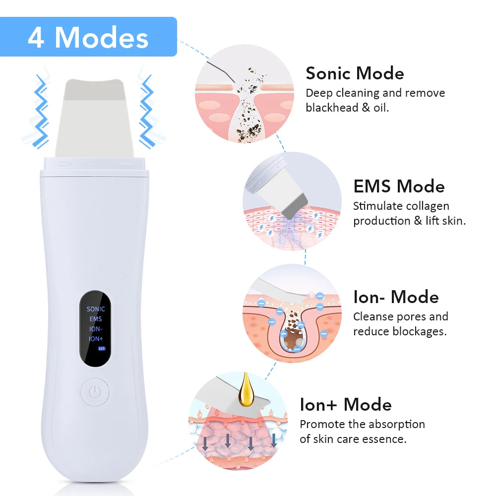 Espátula ultrassônica facial com 4 modos para limpeza de poros em fundo branco