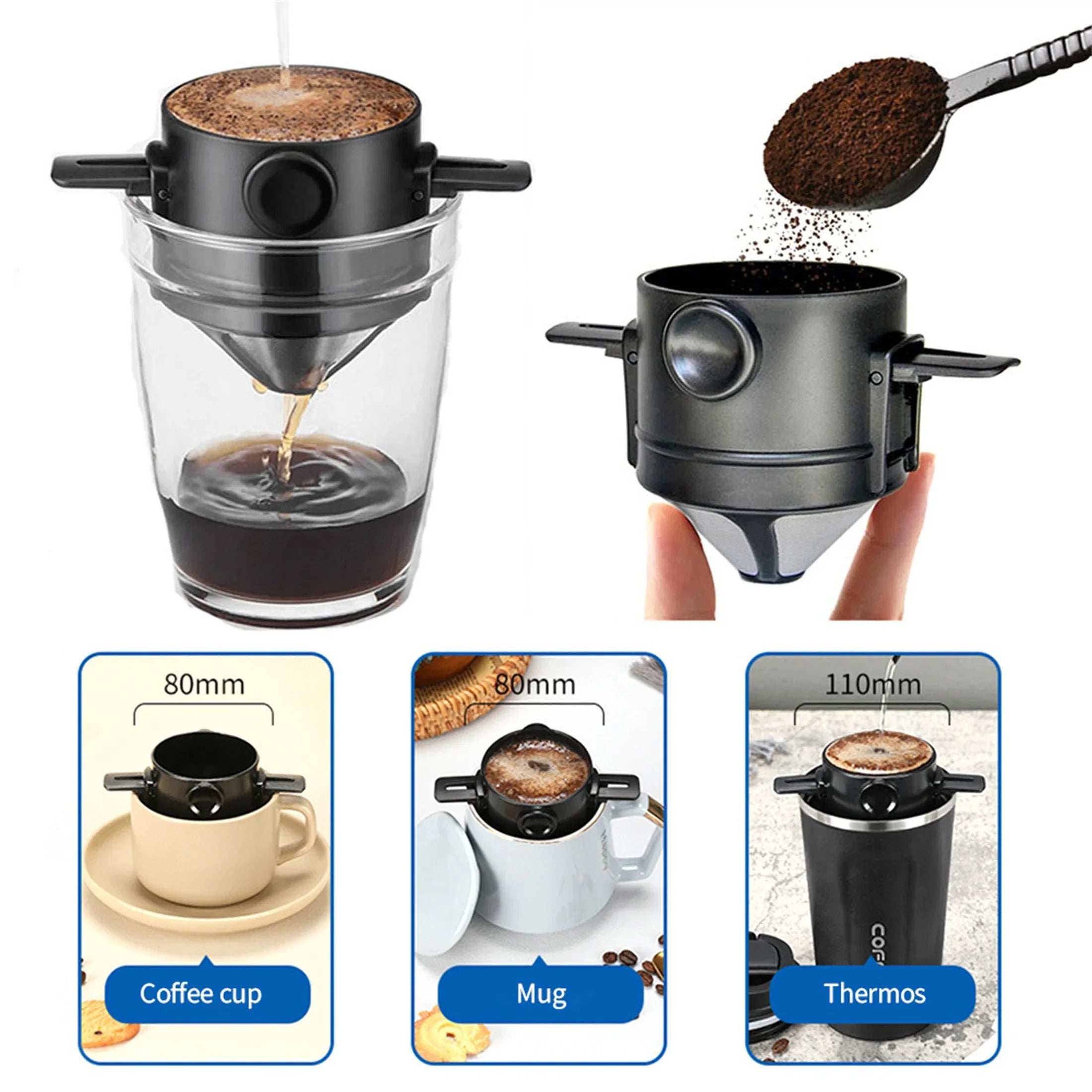 Cafeteira coador portátil inox com caneca térmica em fundo branco