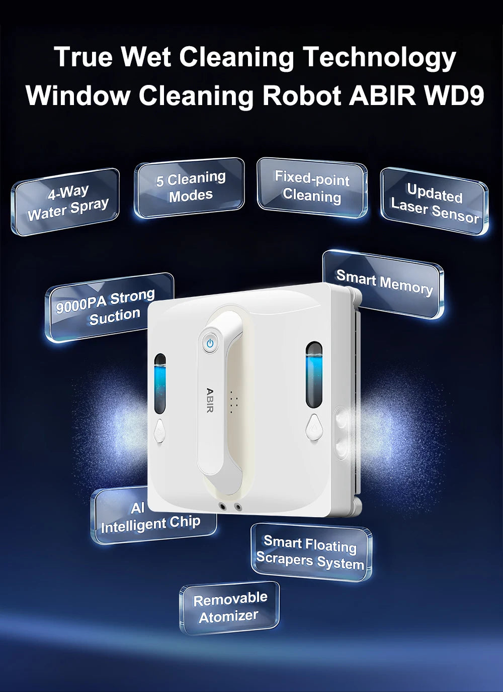 Robô limpador de vidros automático 9000Pa com sensor a laser em fundo branco