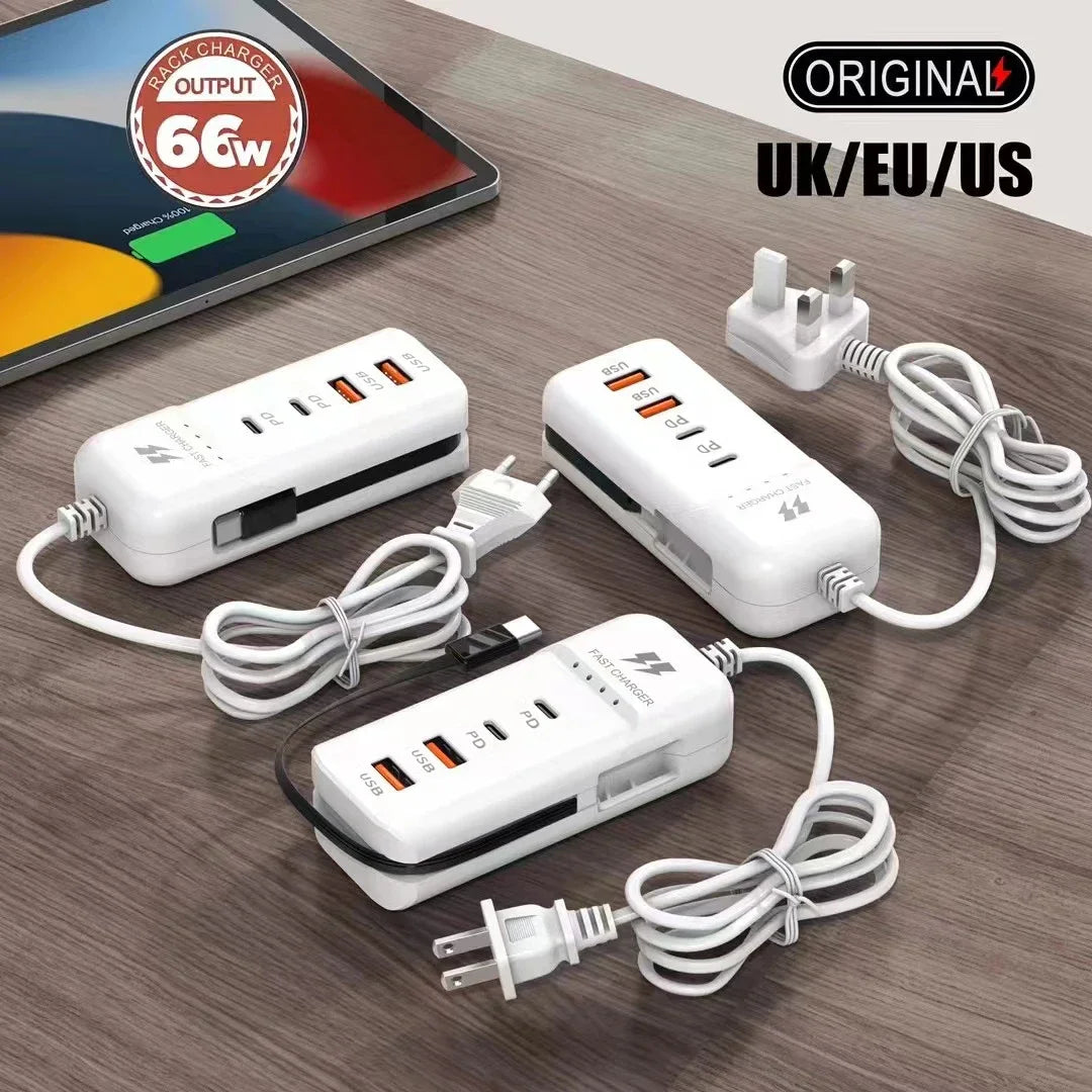 Carregador de parede USB-C 4 portas rápido em fundo branco