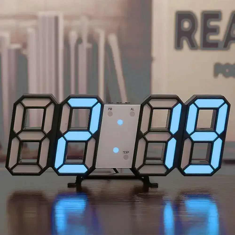 Relógio digital LED 3D de parede com modo noite em fundo branco