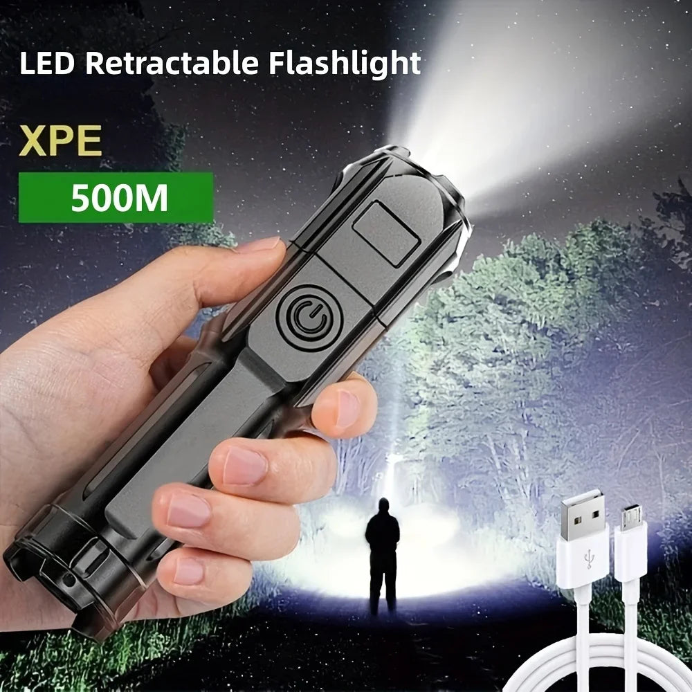 Lanterna LED tática recarregável USB à prova d'água em fundo branco