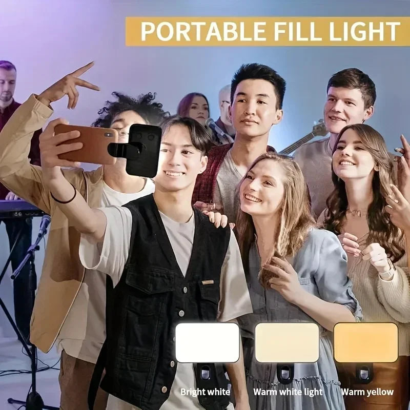 Ring light selfie recarregável com 36 LEDs e 3 cores em fundo branco