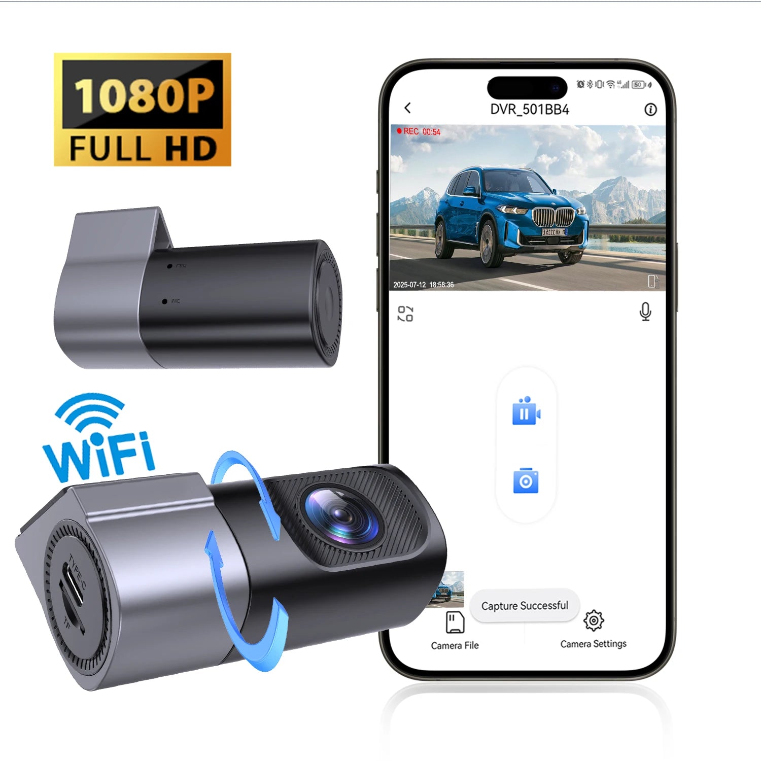 Câmera dashcam veicular 1080p com wifi visão noturna em fundo branco
