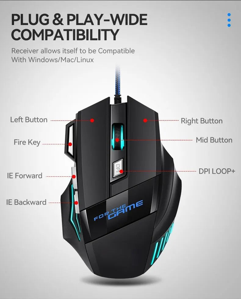 Mouse gamer USB com LED RGB ergonômico em fundo branco