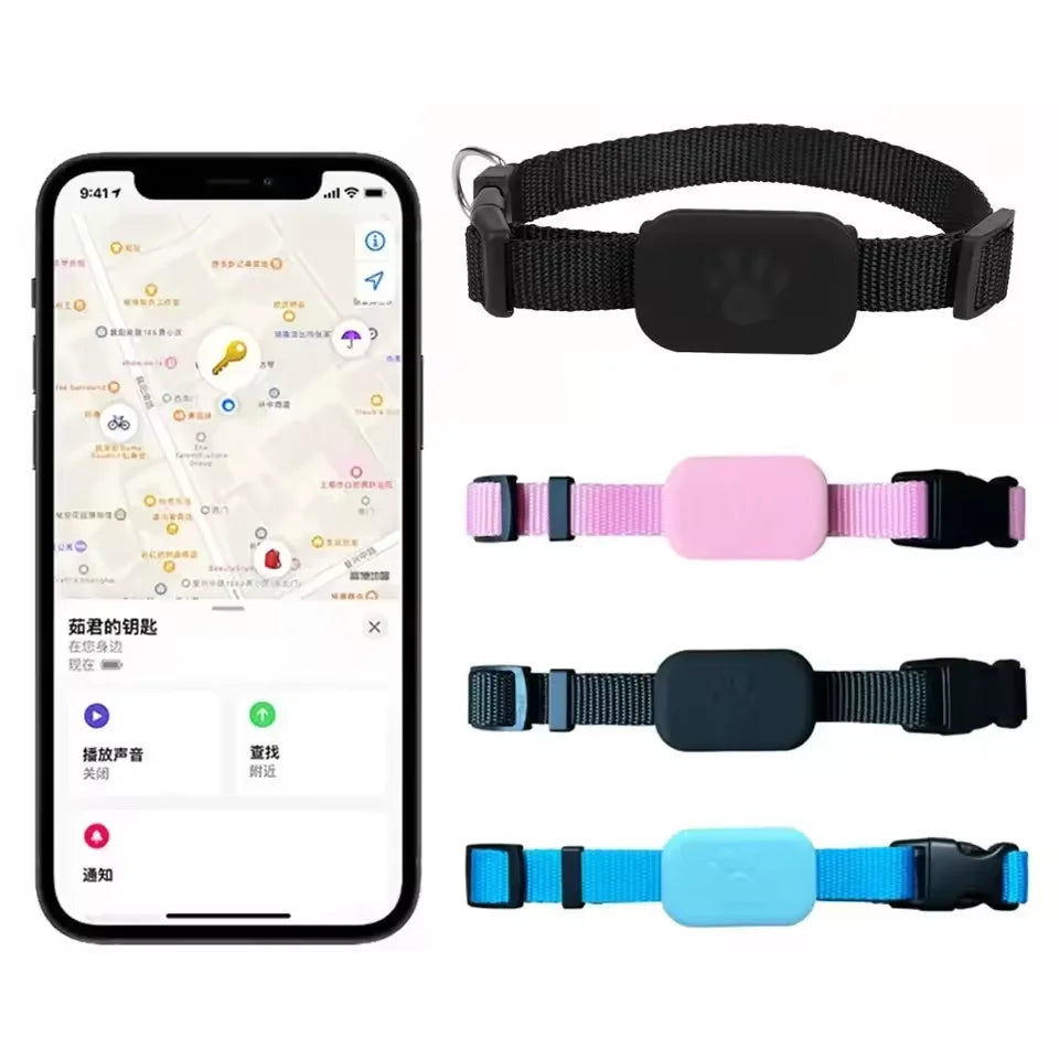Rastreador GPS para cães e gatos à prova d'água com coleira ajustável em fundo branco