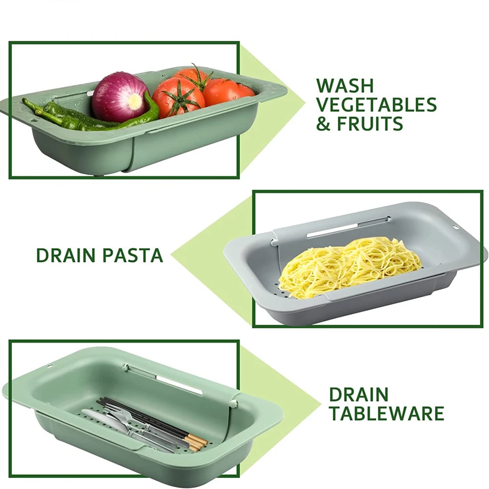 Escorredor retrátil para pia expansível em silicone e aço inox em fundo branco