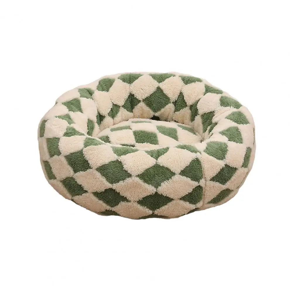 Cama calmante anti ansiedade para pet em pelúcia redonda formato donut em fundo branco