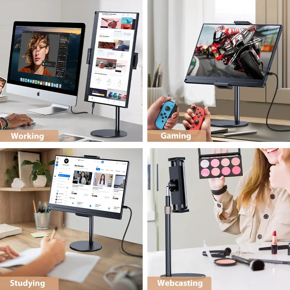 Suporte telescópico ajustável para monitor celular e tablet em fundo branco