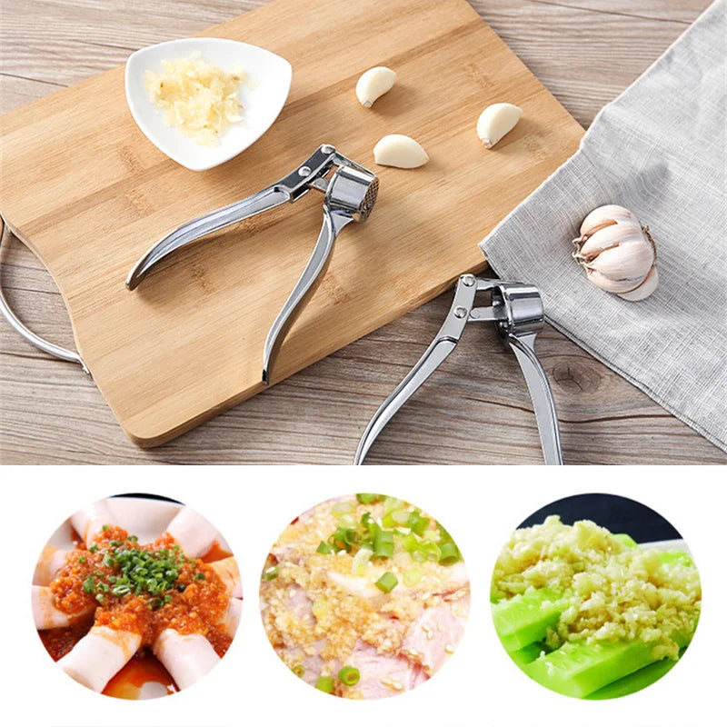 Espremedor de alho manual em aço inox com alça ergonômica em fundo branco