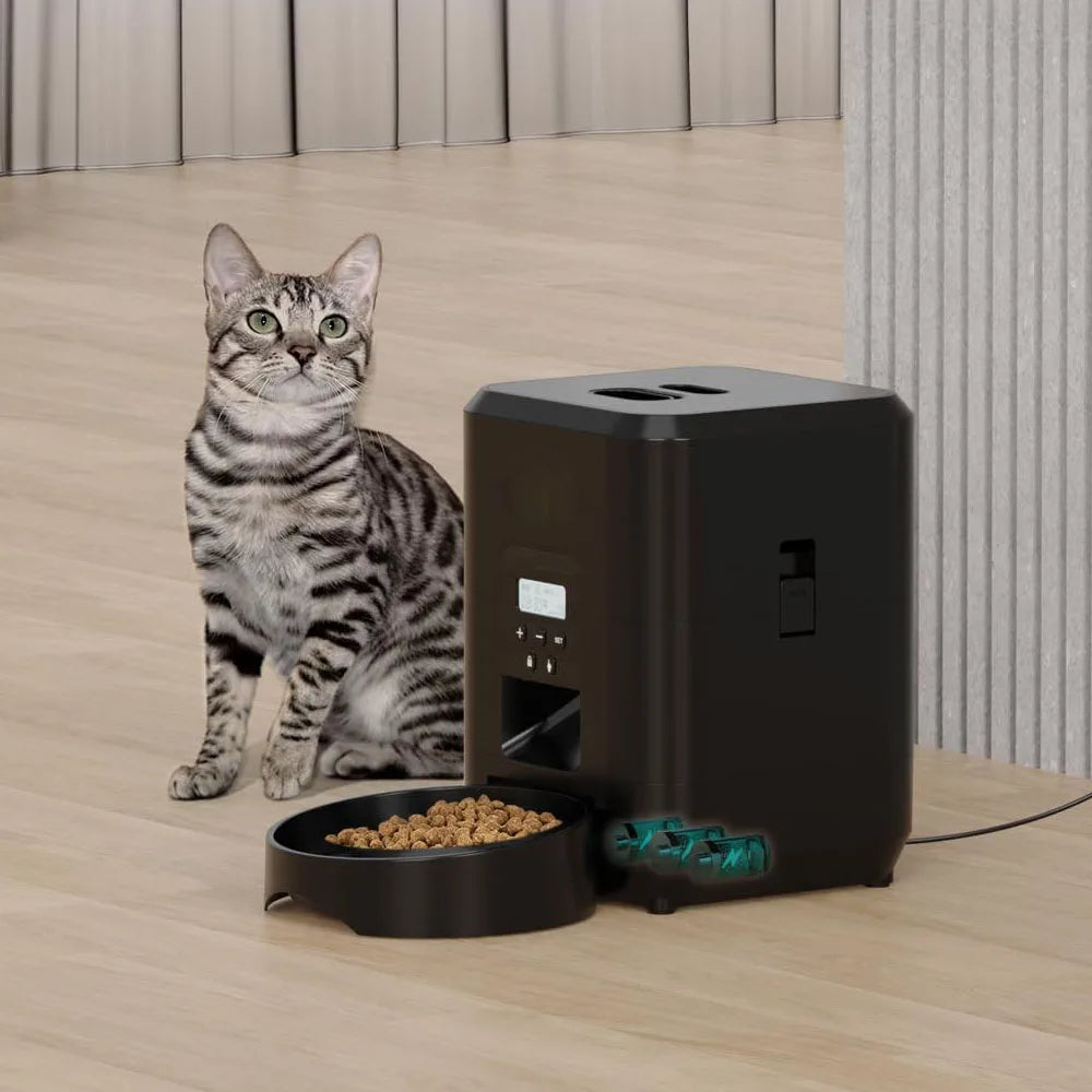 Comedouro automático para pets com timer programável e dispenser inteligente em fundo branco