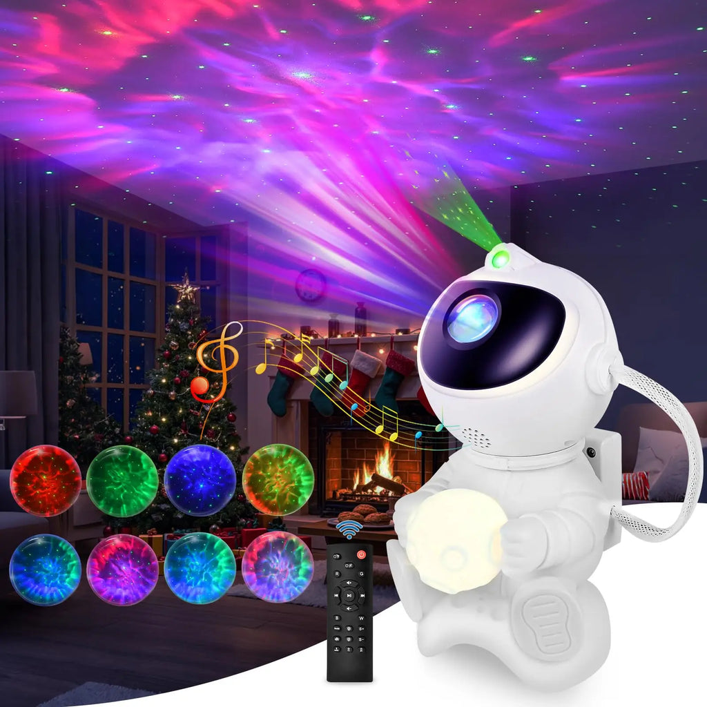 Projetor astronauta galáxia RGB com Bluetooth em fundo branco