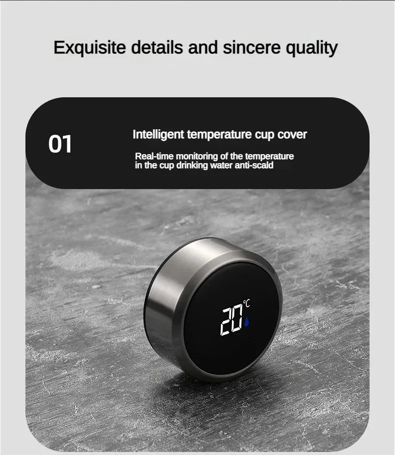 Garrafa térmica inox com display LED de temperatura em fundo branco
