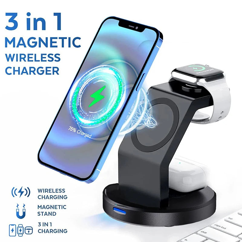 Carregador indução sem fio 3 em 1 para iPhone Watch e AirPods em fundo branco