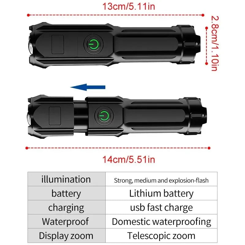 Lanterna Tática LED Recarregável USB com Zoom à Prova D'água 5