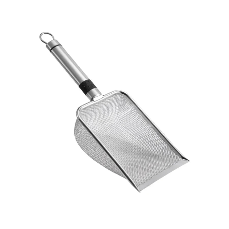 Pá higiênica aço inox para caixa de areia de gato em fundo branco