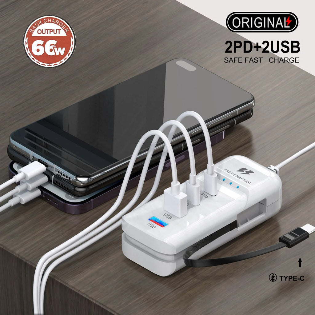 Carregador de parede USB-C 4 portas rápido em fundo branco