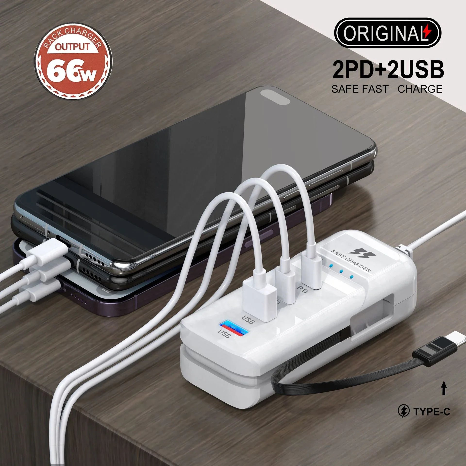 Carregador de parede USB-C 4 portas rápido em fundo branco