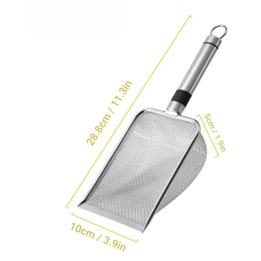 Pá higiênica aço inox para caixa de areia de gato em fundo branco