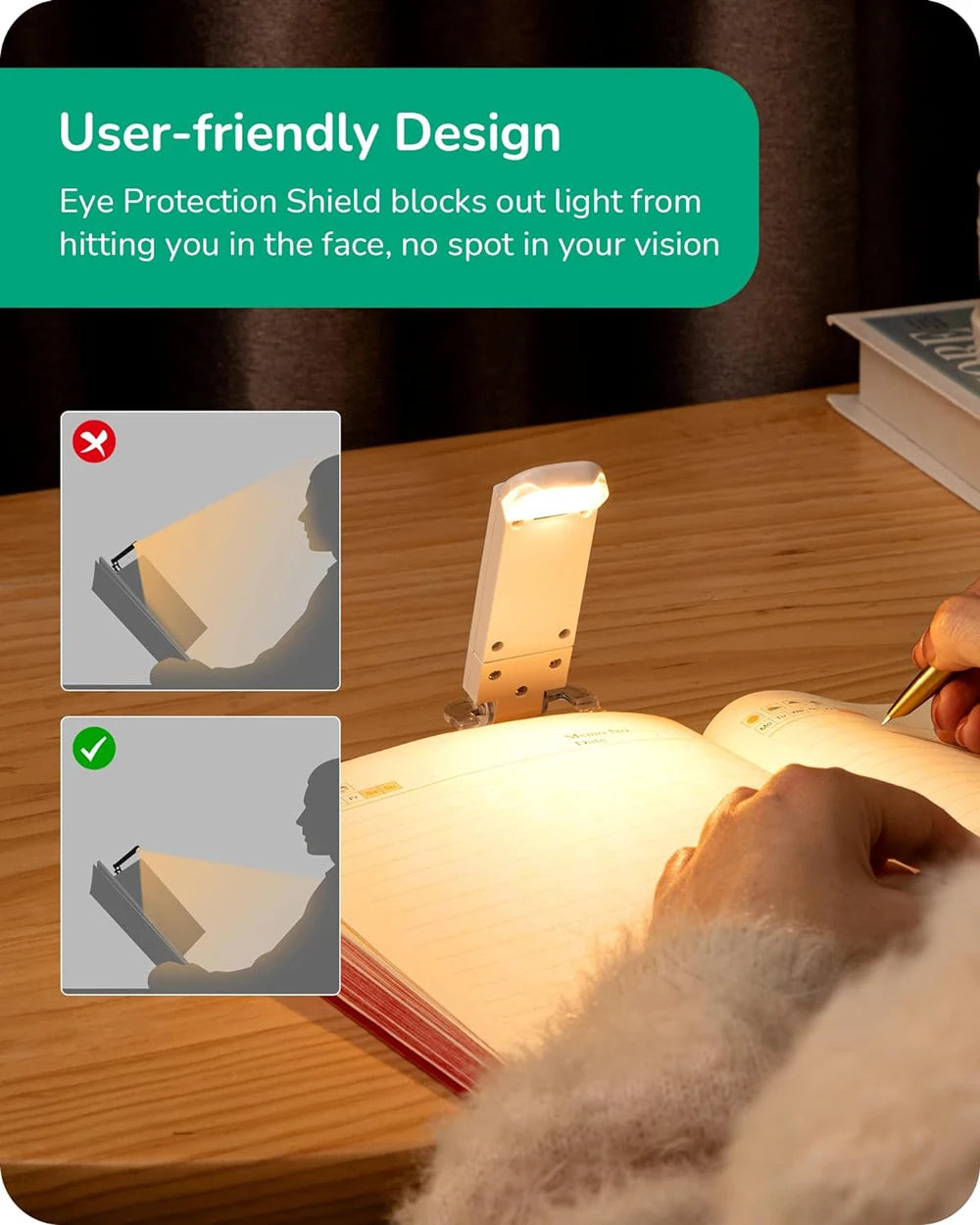 Luminária de leitura clip para livros com 3 cores em fundo branco
