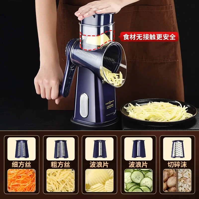 Cortador e fatiador manual de legumes com 5 lâminas rotativas em fundo branco