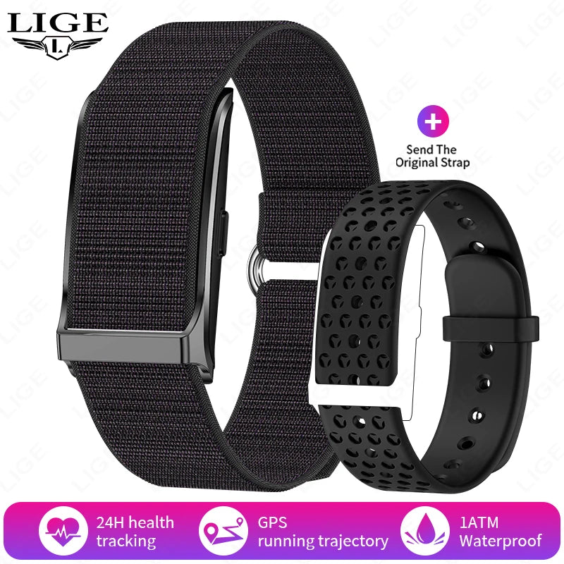 Pulseira fitness inteligente à prova d'água com monitor cardíaco em fundo branco
