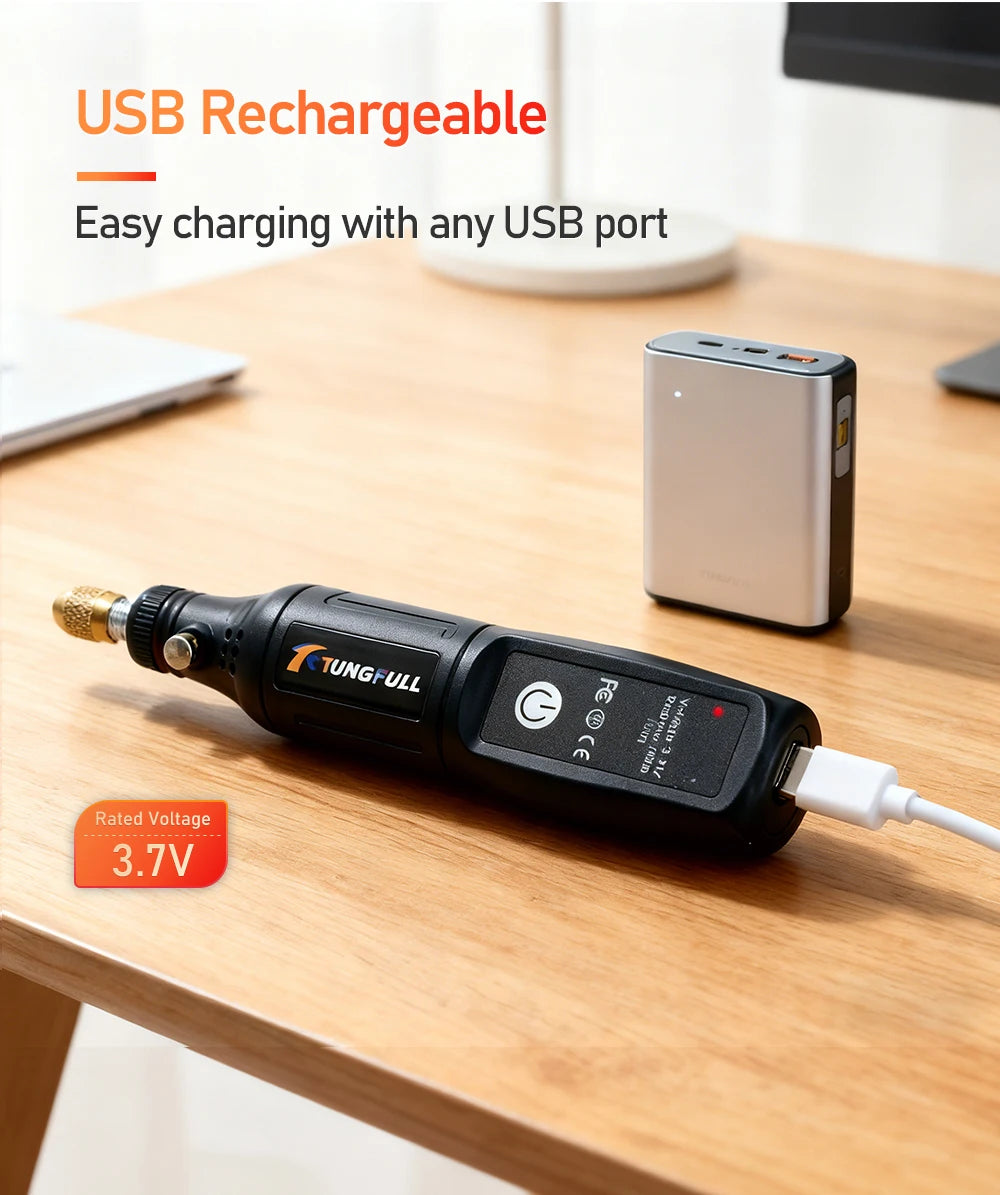 Mini micro retífica elétrica USB recarregável em fundo branco