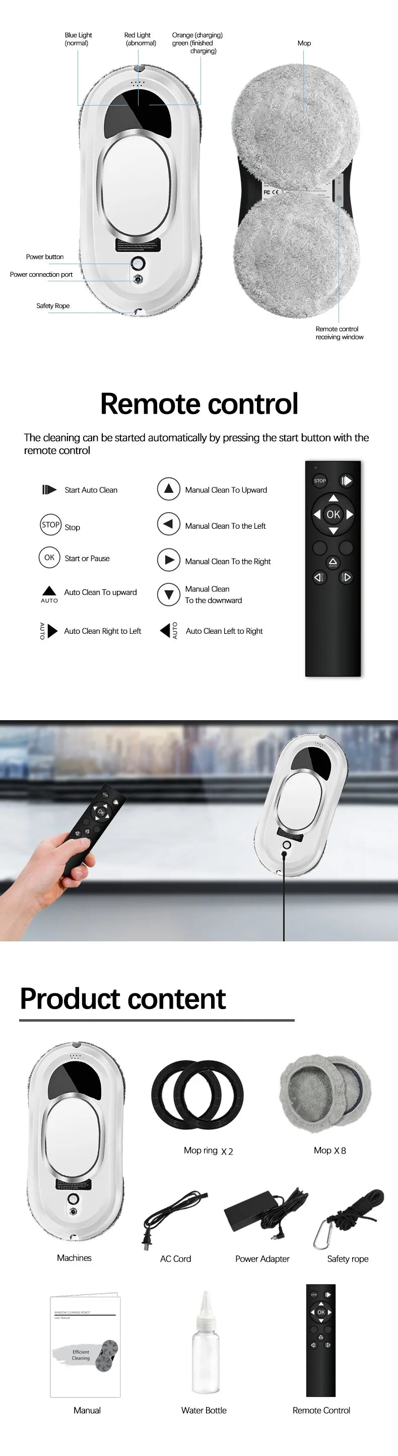 Limpador de vidros inteligente elétrico com controle remoto em fundo branco