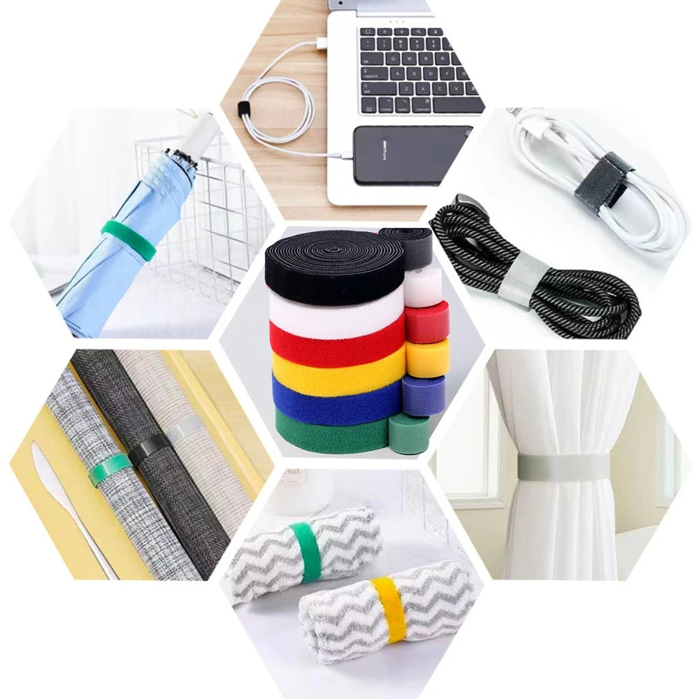 Fita velcro organizadora de cabos reutilizável em fundo branco