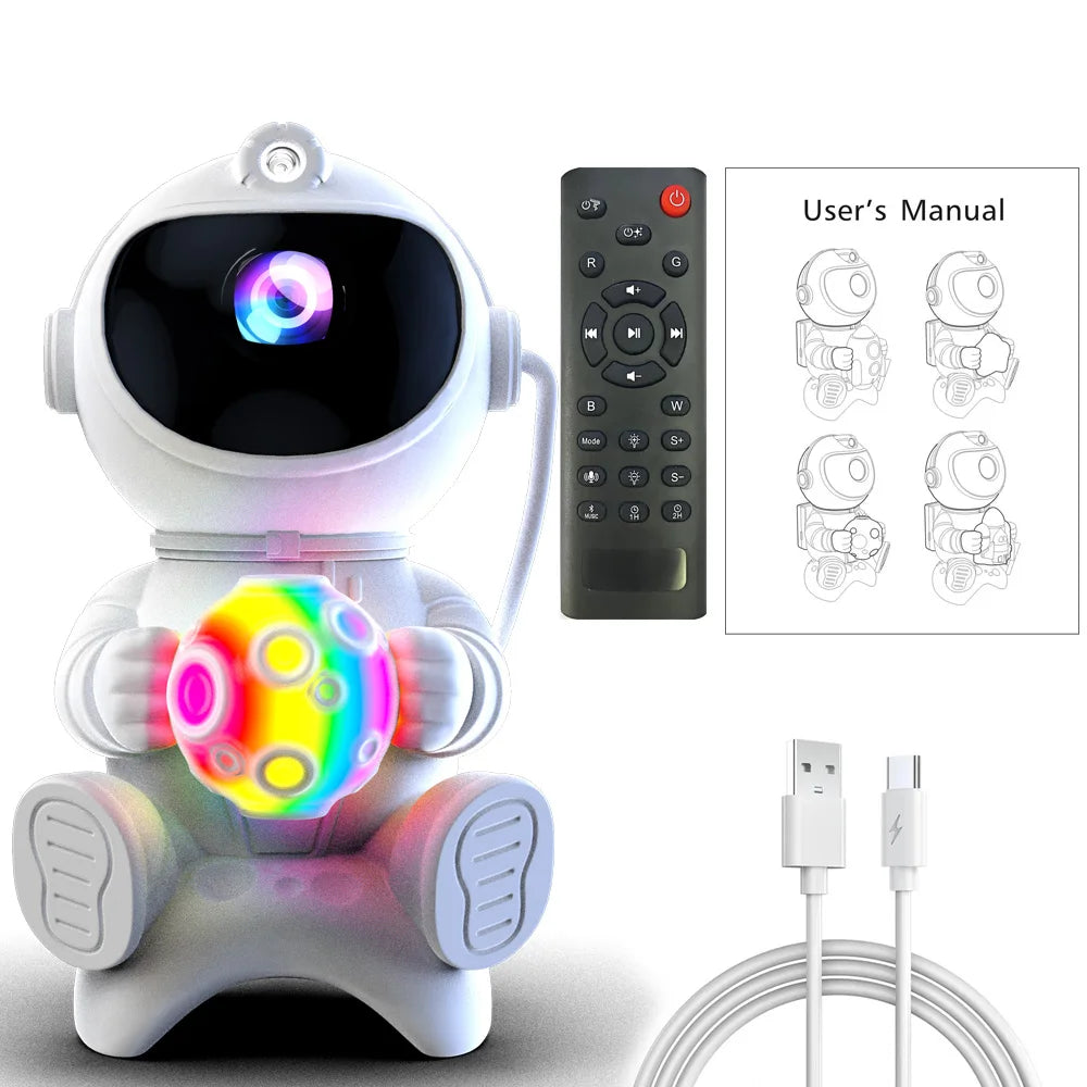 Projetor astronauta galáxia RGB com Bluetooth em fundo branco