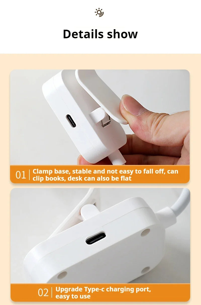Luminária LED clip ajustável com 3 modos em fundo branco