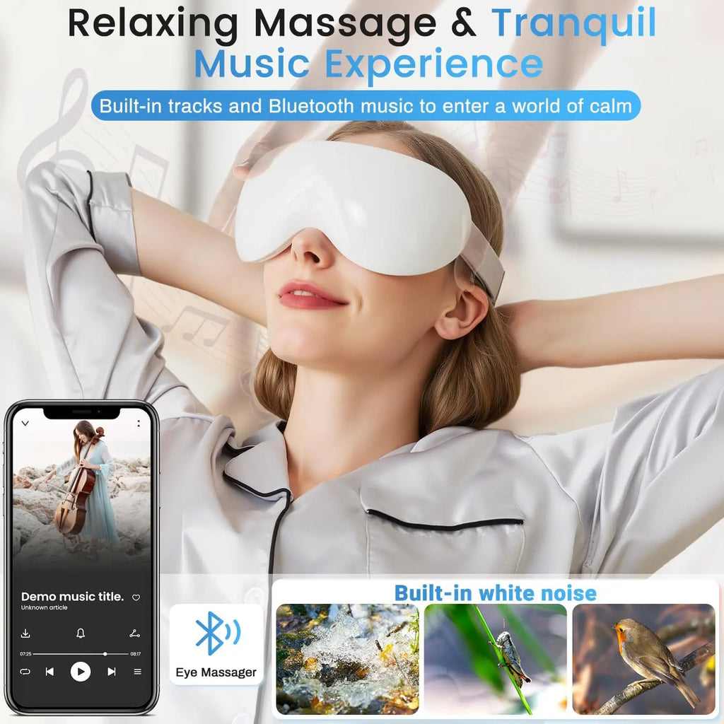 Massageador elétrico para olhos com aquecimento e Bluetooth em fundo branco