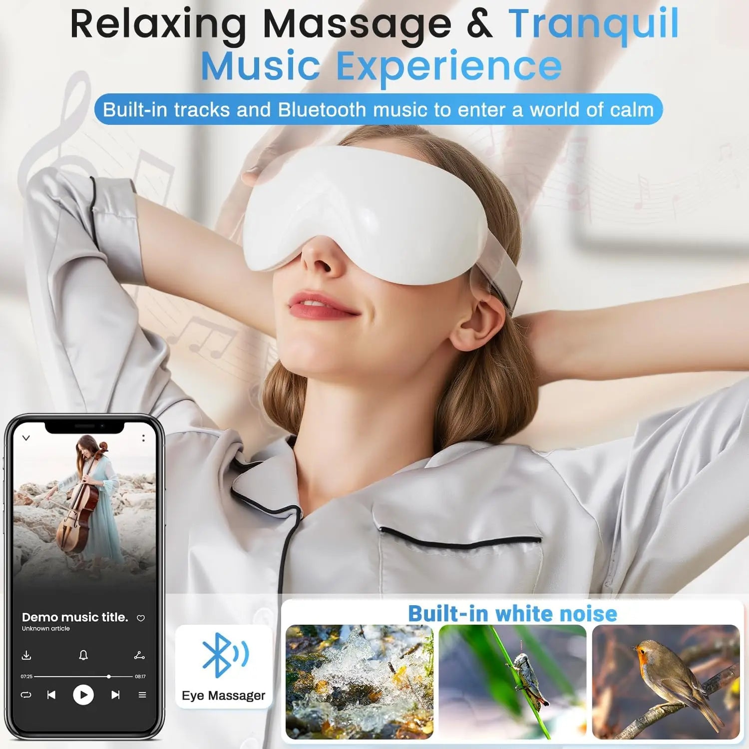 Massageador elétrico para olhos com aquecimento e Bluetooth em fundo branco