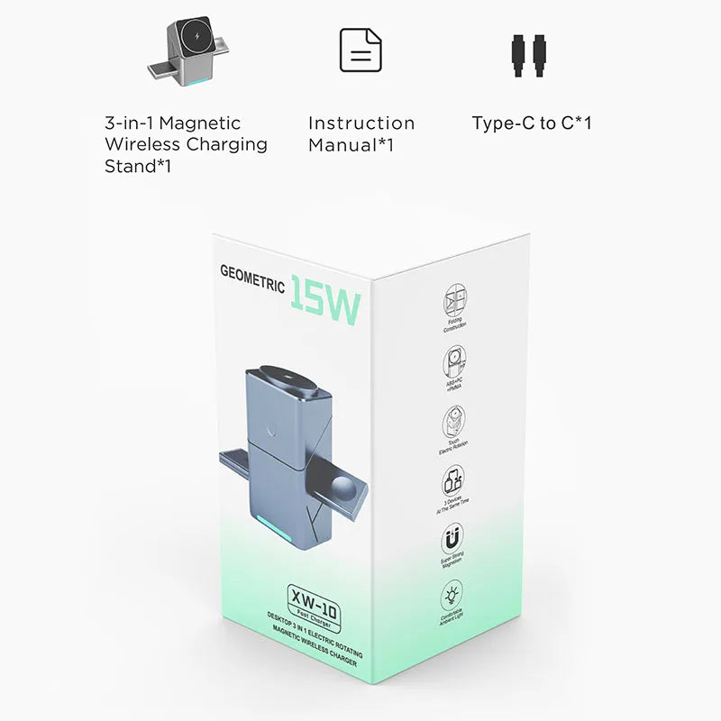 Carregador Sem Fio 3 em 1 Magnético 15W para iPhone, Apple Watch e AirPods - Foto 3